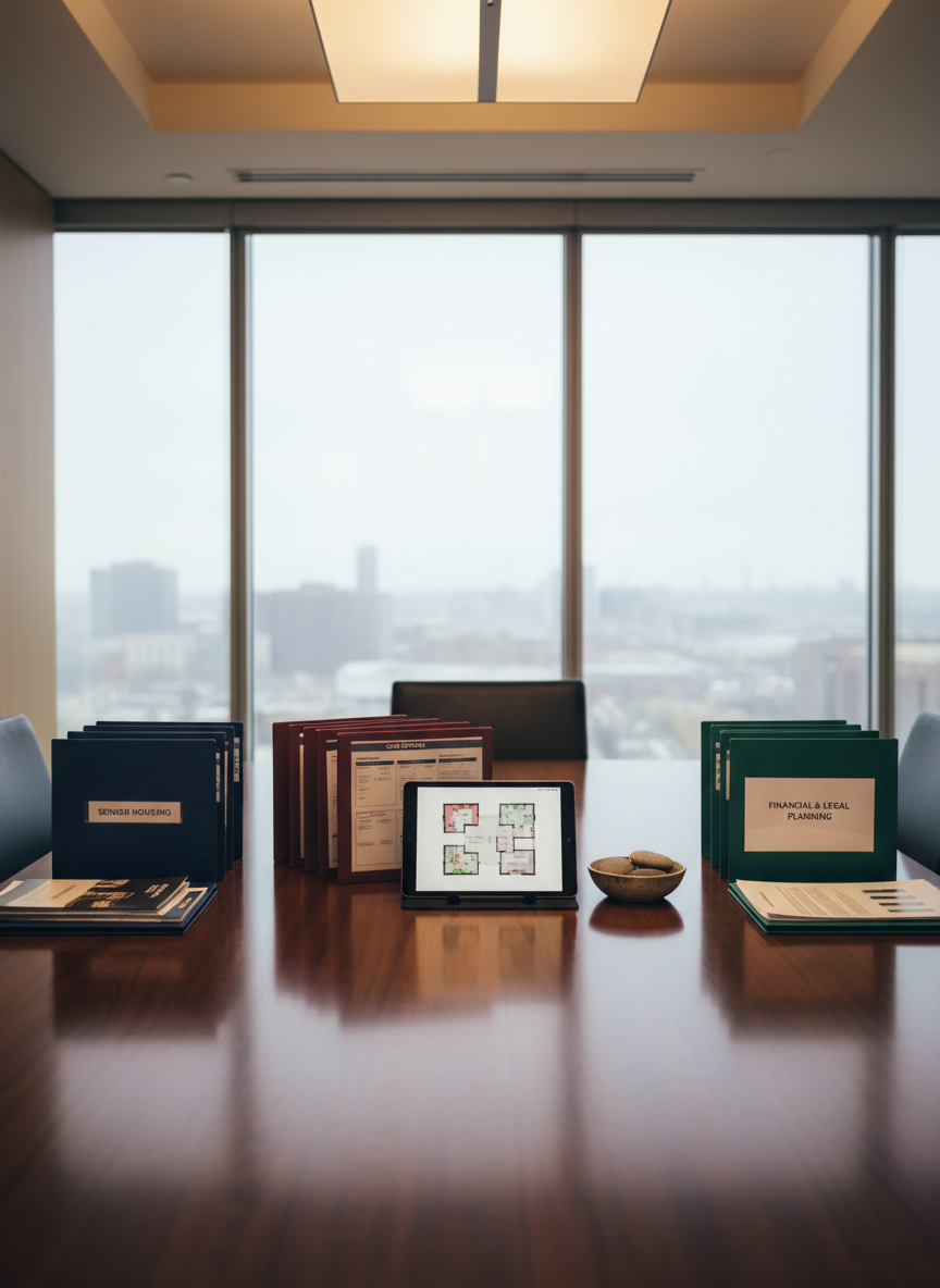 A polished conference table in a quiet, modern meeting room representing family decision support, laid out with three distinct sets of color-coded folders, a central tablet displaying a floor plan, and a small ceramic bowl with smooth river stones. The background reveals frosted glass panels and a soft-focus cityscape beyond. Overhead, warm recessed lighting combines with faint natural daylight from a side window, producing balanced illumination without harsh shadows. Photographic realism, captured from a slightly elevated angle, uses the rule of thirds to center the tablet while the folders fan outward. The mood is organized, neutral, and professional, suggesting structured conversations about senior housing, care options, and planning without depicting any people directly.